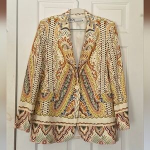 NWT ZARA Ecru Multicolor Paisley Printed Linen Blend Blazer